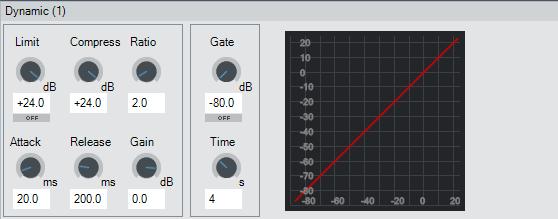 Attack Here you can set the attack time of the Limiter/Compressor (0.1 to 200 ms), using either the rotary control or the corresponding text field.