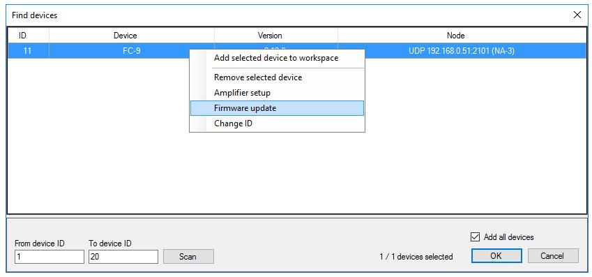 2. Select the device (via mouse click) whose Firmware you want to update and open the following context menu by right clicking: 3. Now click on Firmware update. The following dialog will open: 4.