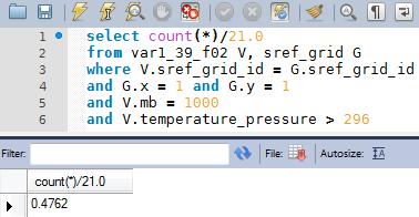 Second Sample Geospatial Query This query computes the probability that the temperature will be greater than 296K at 1000mb at one grid point. select count(*)/21.