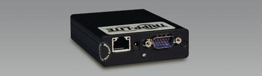 A local module connects directly to the KVM switch and transmits keyboard, video and mouse data to a remote module via user-supplied Cat5/5e/6 cabling.