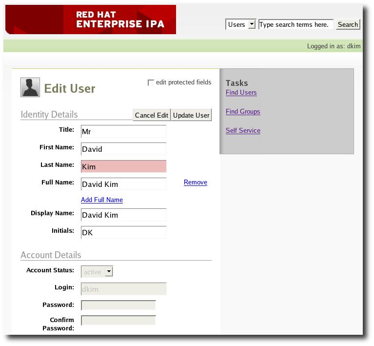 Chapter 2. Using Red Hat Enterprise IPA Interface homepage in your browser. This provides access to the various tools needed to edit your own information. Procedure 2.1.