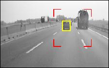 Figure 11: Vehicle Detection: the images show the search area and the detected vehicle with bright markings superimposed onto the original image.