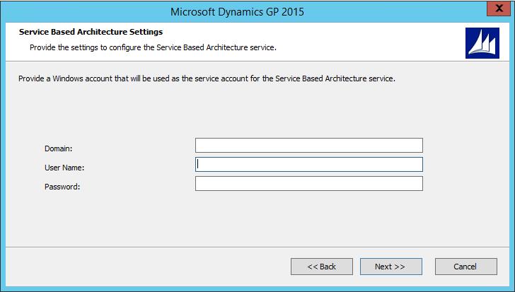 CHAPTER 6 INSTALL MICROSOFT DYNAMICS GP ON THE FIRST COMPUTER 10. Provide the Windows account that will be used as the service account for the Service Based Architecture feature.