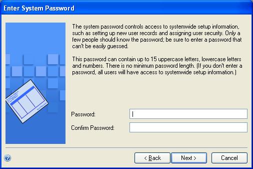 PART 2 MICROSOFT DYNAMICS GP INSTALLATION 14. In the Enter System Password window, enter the password to use to access Microsoft Dynamics GP system windows, reports, and utilities.