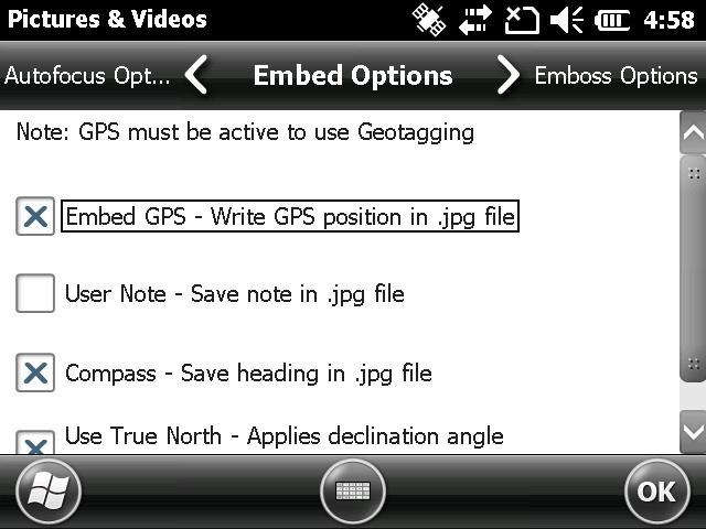 5. You can build GPS information into jpg files from the Embed Options screen. (This information does not appear on the images.) You can select Use True North. 6.