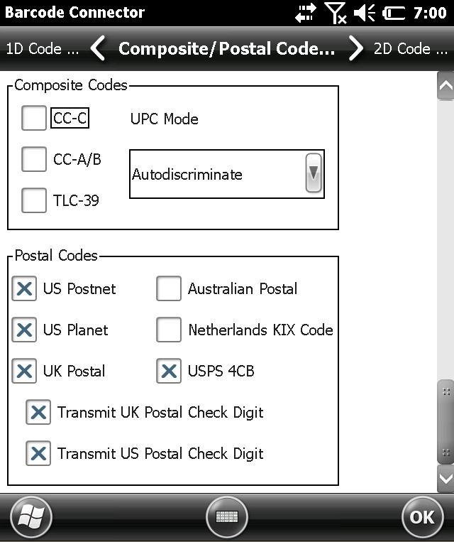 Composite/Postal Code Types Screen The Composite/Postal Code Types screen has the following functions: Composite Codes - Enable