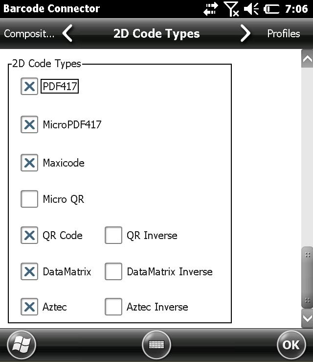 2D Code Types Screen The 2D Code Types screen has the following function: 2D Code Types -