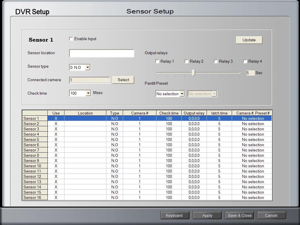 5-1-4. Sensor (Digital I/O) Up to16 sensors can be connected. Sensor activation can be linked to Digital Outputs and cameras. Use Selected Sensor: Check the box to use sensors.