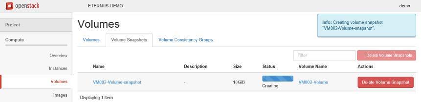 (4) Checking a volume snapshot Check a volume snapshot creation using the OpenStack dashboard.