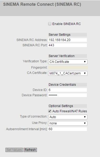 OpenVPN tunnel between SCALANCE S615 and SINEMA RC Server 3.4 Configure the remote connection on the S615 Activate "Enable SINEMA RC" and click on "Set Values".