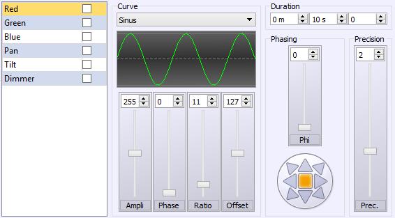 CURVE EFFECT Curve selector Channel selector The effect curve allows to assign a mathematical curve in each channel of the devices selected, varying the DMX level (0 to 255) of the channel according