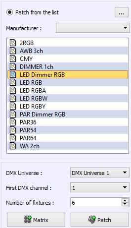 Select the option Patch from The List (selected by default) Open the profiles 2. Select a manufacturer or the... for standards RGB profiles like here with a LEDPAR + Dimmer 3.