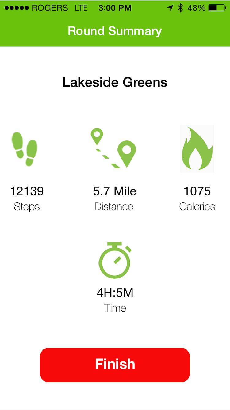 From the overview screen you can view steps, distance walked, calories burned. Scroll down to view course overview stats. This will also appear once you end your round of golf.