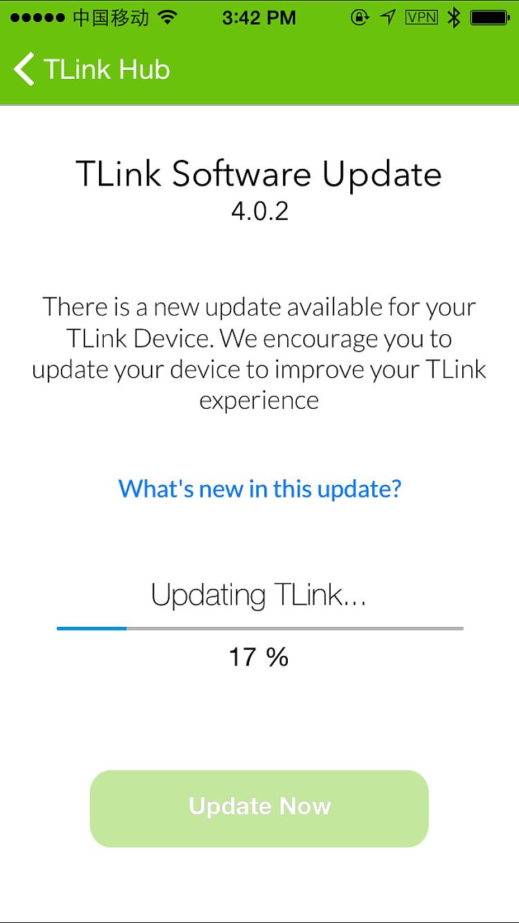 TLink will power off as it updates. Once the update is complete TLink will power on and you will go to the hub.