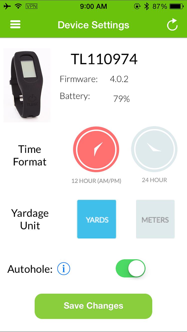 Select "Device Settings". Here you can change time, yardage format, and auto-hole advance.
