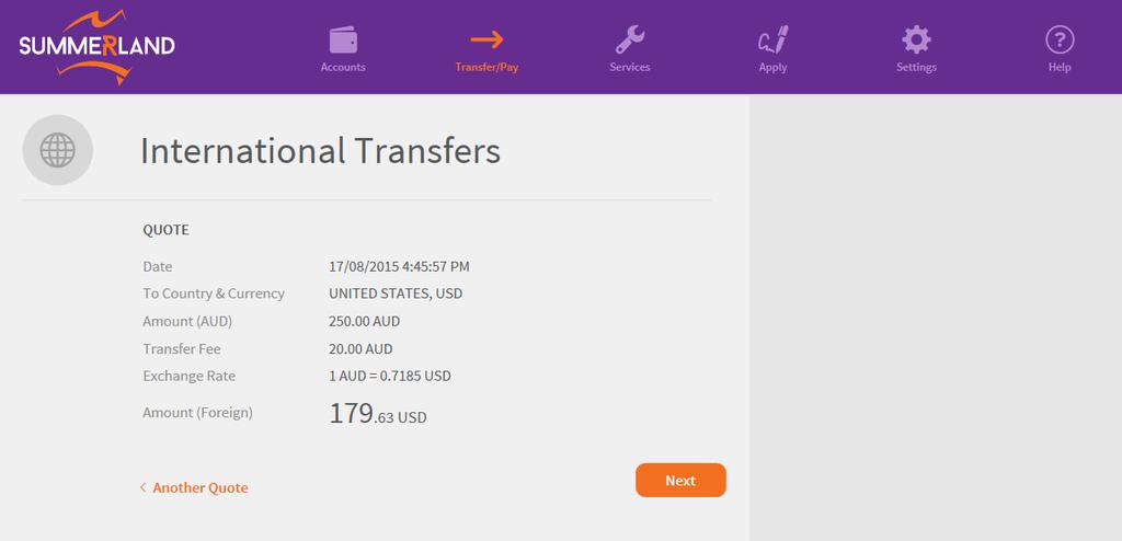 12. International Transfers To transfer money internationally, select the Transfer/Pay tab from the main menu at the top of the screen then International Transfers from the slide-out menu.