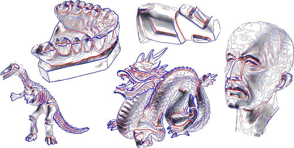 Shape Interrogation 25 Fig. 16. The crest lines detected on various surfaces approximated by dense triangle meshes.