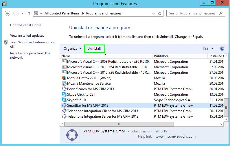 (See next screenshot) Search for SmartBar CRM 2013 in Uninstall or