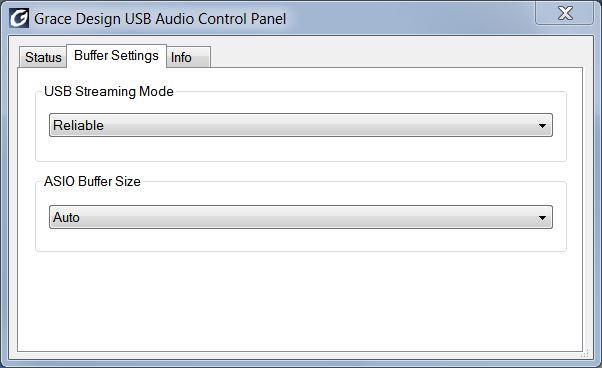 Status Window shows the connected device and the currently defined OS sample rate. 2. Buffer Settings displays the USB Streaming mode and the ASIO Buffer size.