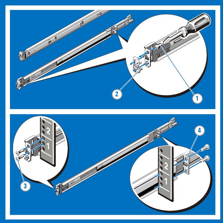 3. Installing and Removing Tooled Rails (Threaded Hole Racks) Note: The tooled rail mounting configuration requires eight user-supplied screws: #10-32, #12-24, #M5, or #M6.