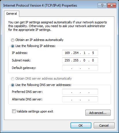 Enter 169.254.1.5 as your IP address and 255.255.0.0 as the subnet mask. Be sure the Gateway and DNS fields are blank. Launch a web browser and enter the address https://169.254.1.1/appliance/login.