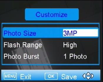 Also, you have access to custom settings just by clicking customize. See Fig.8. Photo Size: 1.3MP, 3MP, 8MP, 10MP,12MP Flash Range: Low/Medium/High. Photo Burst: 1-10 5.1.2 Video Mode Fig 8 When you set Camera Mode as Video, then you will see submenu shows up.