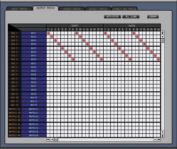 31 Chapter 4 Patch Editor Window G LIBRARY button This button is not used in Version 1.0 of Studio Manager for DM2000. H Patch grid This grid is used to patch input ports to the Input Channels.
