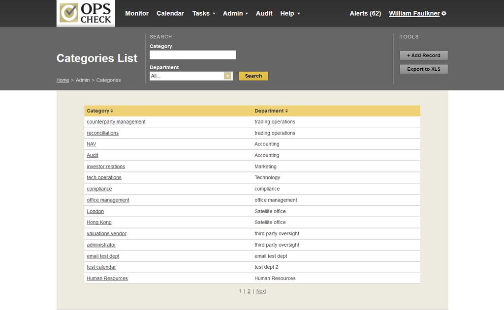 9. Category Management OpsCheck also allows administrators to set up different categories that