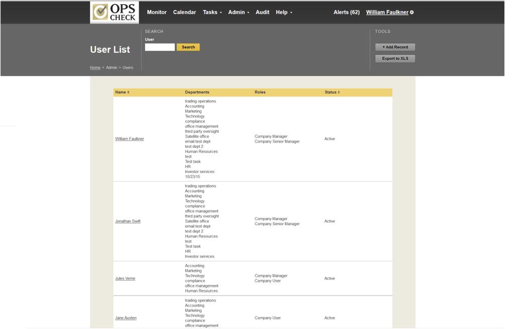 4. Profile/Out of Office The user accounts management screen is available via top-level menu: Main->Admin->Users (please ensure your user account is set up with the corresponding permissions).