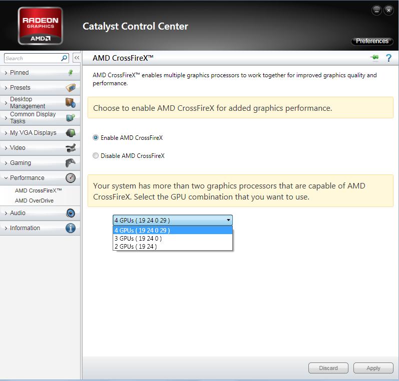 Enabling Dual CrossFireX technology To enable Dual CrossFire technology: 1. In the AMD Vision Engine Control Center window, click Performance > AMD CrossFireX. 2.