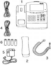 Installation 1 Every 882 telephone should include the following components: 1 Telephone 2 Handset 3 Coiled handset cord 4 (2) 7 line cords 5 AC power transformer 6 4 AA heavy duty batteries NOTE: