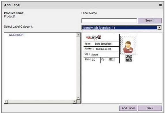 Using the Command Center Chapter 3-19 7 Click Add Label. The Add Label window appears. Figure 3-15 Printing Interface Add Label window 8 Click on the CODESOFT link in the Select Label Category box.
