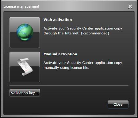 Install Security Center on the main server 4 In the License dialog box that appears, click Modify license ( ). The License management dialog box appears. 5 Click Web activation.