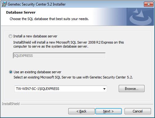Install an expansion server 12 In the Database Server page, select one of the following options: Install a new database server. Installs Microsoft SQL Server 2008 R2 Express Edition.