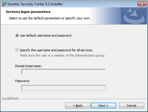 Install an expansion server 14 In the Services logon parameters page, select one of the following options: Use default username and password.