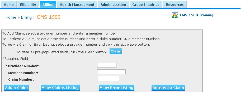 Claim submission via Blue e To Add Claim, select a provider number and enter a member number.