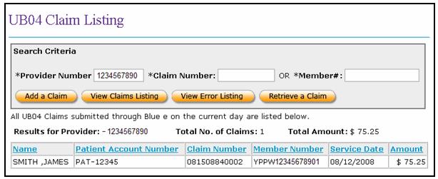UB-04 - Claim Listing Display + The UB-04 Claim Listing Display page lists all UB- 04claims associated with the National Provider Identifier (NPI)