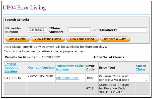 UB-04 - Error Listing Display + The UB-04 Error Listing Display page lists all UB-04 claims with errors associated with the NPI selected