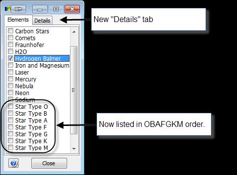 The Element screen now lists the stars in OBAFGKM order