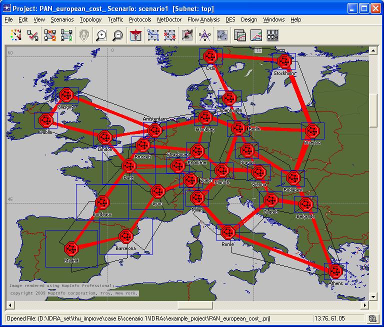 A.3. COLLECTING THE SIMULATION RESULTS 2. Open the PAN-european-cost- project and an optical network will appear as shown in the figure A.3. Figure A.