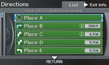 Guidance Menu When you select Guidance Menu from the Map menu, the Guidance menu screen appears. Directions - Select to confirm the directions (guidance points) to your destination (see page 59).