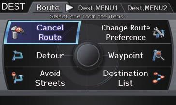 Driving to Your Destination DEST Screen (Route) Pressing the DEST/ROUTE button displays the DEST screen (Route): The Route tab can be selected only when you are en route.