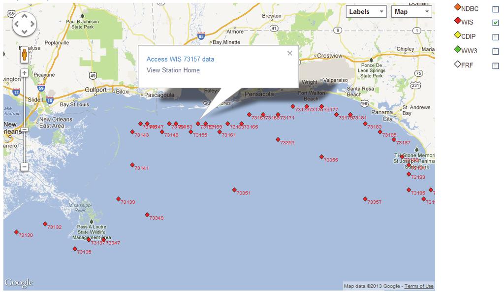 Figure 2. WIS stations offshore of Alabama and Mississippi, and portions of Florida and Louisiana. Step 3. Select the WIS station in the area of interest.