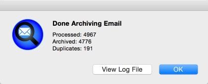 When all of the email has been archived in the database, a window will appear showing some stats about the email that has been archived. This information will also be logged in a archive history file.