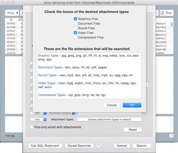 MailSteward Pro Manual Page 22 If you click on the choose attachment types to search button, a sheet will appear where you can choose attachment