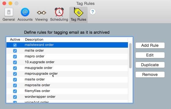 MailSteward Pro Manual Page 28 Set Rules for Tagging or Excluding: Tags can be added to email in the database at any time, but it is also possible to define rules to automatically tag email as it is