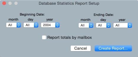 MailSteward Pro Manual Page 36 Database Statistics Report: Clicking on the Database Statistics Report... item in the File menu will bring up the following Settings window.