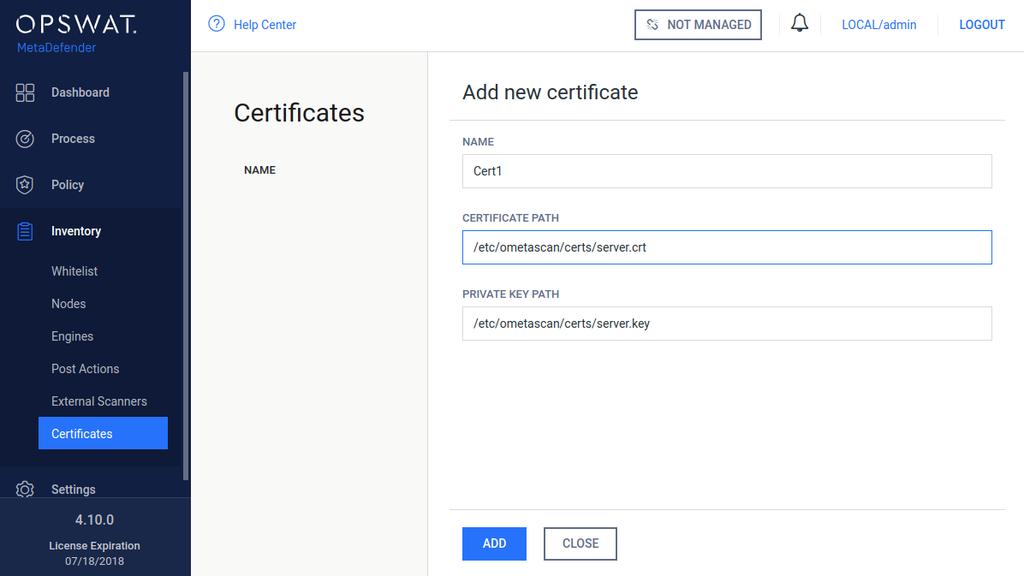 3. Fill the Add new certificate form by giving a name, a path to certificate