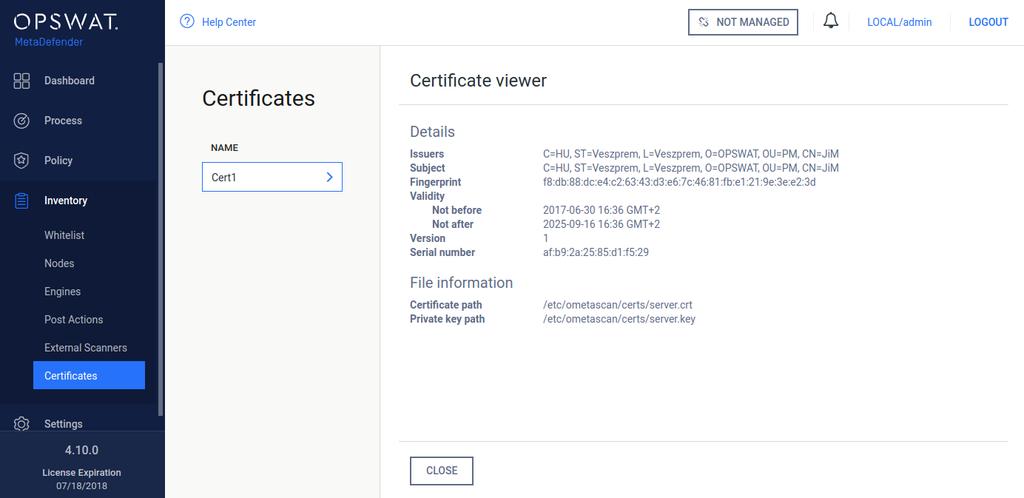 Checking the details of a certificate By clicking the line of the certificate, the "Certificate viewer" pops up and shows the details of the certificate.