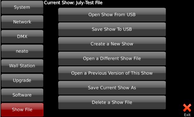 How to Open a Different Show Each time Choreo starts, the last show is automatically loaded. To create a new show, or restore a different show: 1. Press the Setup Button 2. Press Show File 3.